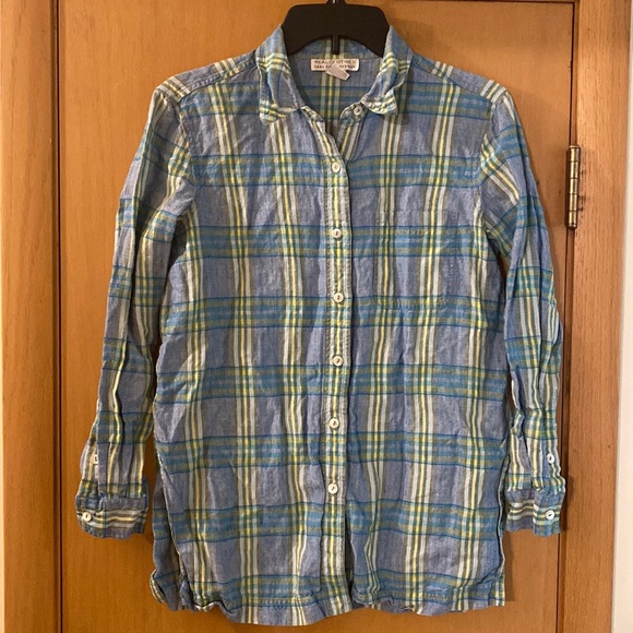 Saks Fifth Avenue Real Clothes Plaid Linen Button Down Shirt Blue Green Small - Picture 1 of 9
